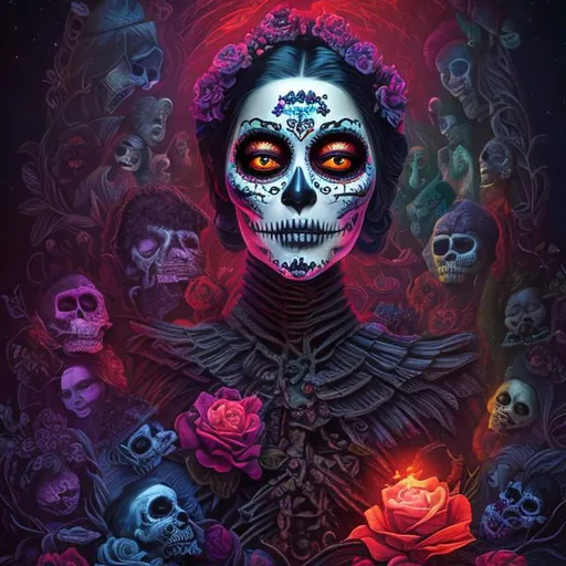 Prompt: Día de los Muertos Celebration, sharp focus, dark colors, shadows, surreal, nightmare, horror, gothic 8k resolution holographic astral cosmic illustration, digital art , realistic