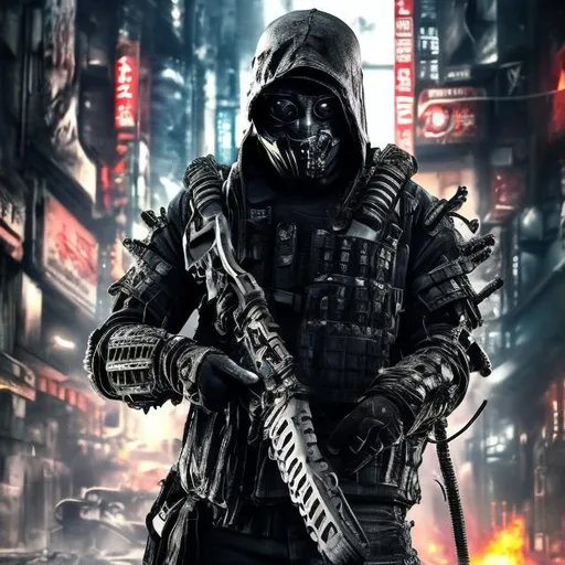 Prompt: Original villain. Future military armour with black and neon. Slow exposure. Detailed. Male masked. Weapon fire axe. Dirty. Dark and gritty. Post-apocalyptic Neo Tokyo. Futuristic. Shadows. Sinister. Evil. Bionic enhancements. Magic