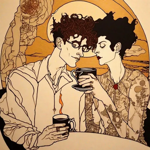 Prompt: Egon Schiele and Aubrey Beardsley style illustration sunrise "Morning Coffee" tattoo large canvas
