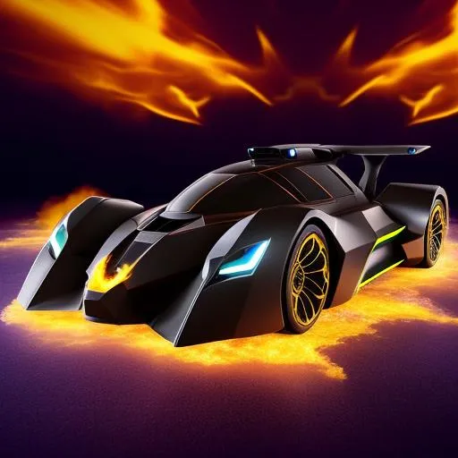 Prompt: Futuristic hyper Batmobile on fire burst and ice sharp cosmic speed burning flames 