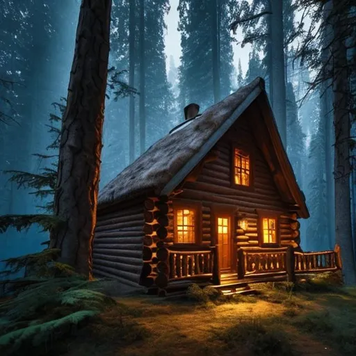 Prompt: wooden cabin in the dark forest magic world