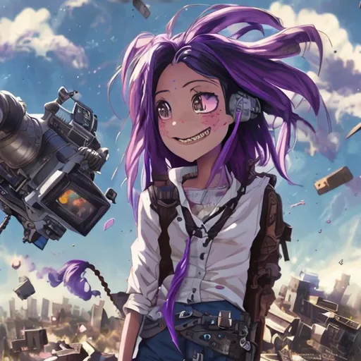 Prompt: Anime girl, bust, purple hair, smile, crooked teeth, steampunk background, wind blowing, camera pans away and a full length girl in torn clothes stands while a piece of technology falls from the sky on her. she is unharmed afterwards.