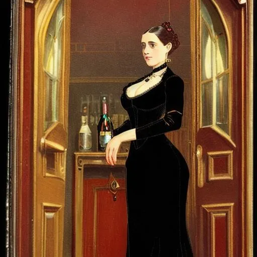 Prompt: A seductive Victorian woman with dark hair and golden eyes, wearing a black gown and a garnet choker, standing in the doorway of a pub