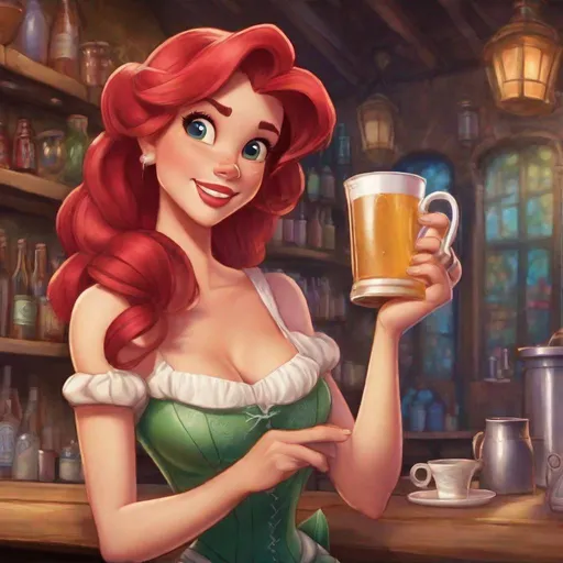 Prompt: Vivid, detailed, Disney art style, full body, Ariel Disney Princess, Hair part on left side, barmaid, carrying mugs, blushing