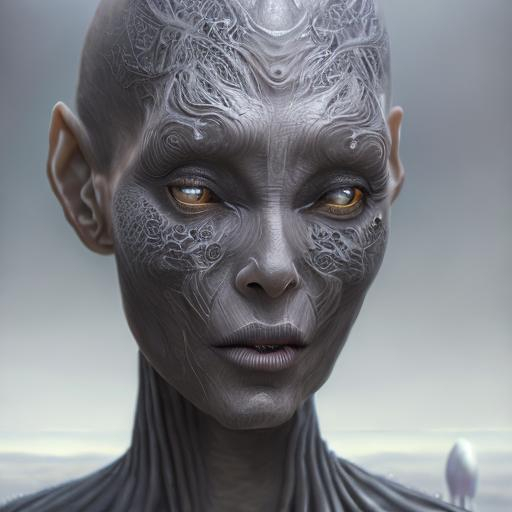 portrait painting of a grey female alien that looks...