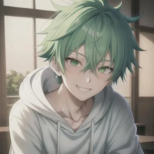 Prompt: anime boy, 19 years old, adult, kyoto animation, anime screencap, HD, pale skin, green hair, short hair, neon green eyes, wearing a white hoodie, smiling, very happy, energetic, sparkles in his eyes, jujutsu kaisen anime style 