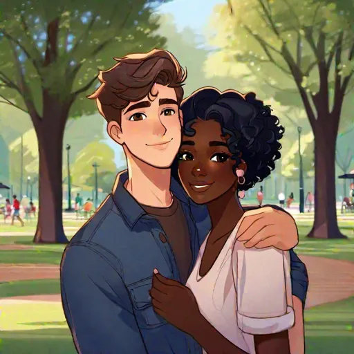 Prompt: Caleb  1male (brown hair, brown eyes) hugging Tome 1female (dark skin, short dark blue hair, in her 20's) on a date in the park, adults