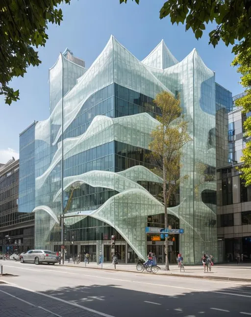 Prompt: award winning street photography of a beautiful Glass building, with translucent voynich flora paper façade, most beautiful building in the world, 16k, uhd photorealistic, iwan baan photography 