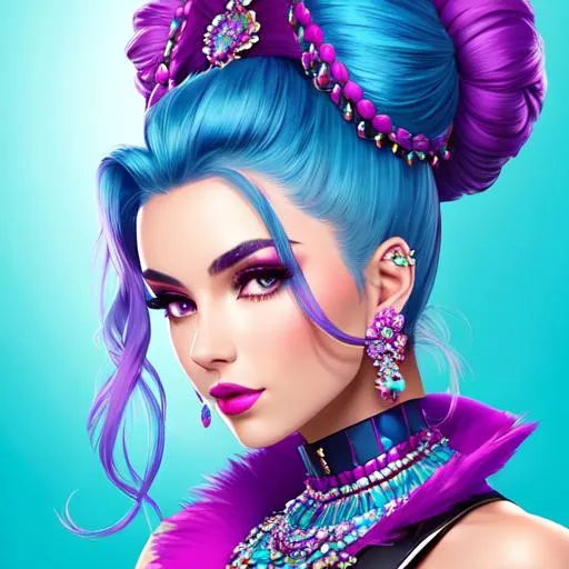 Prompt: An extremely gorgeous woman,  with top knots full of cyan jewels, in color scheme of cyan and magenta
