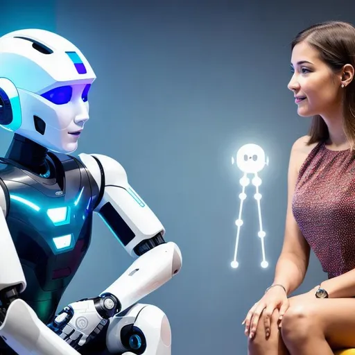 Prompt: A high tech AI Robot talking with Human about the future.