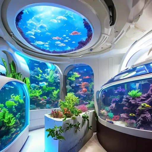 Prompt: Close caption of a Space creaft living apartment pod for one person. Aquarium with edible fishes and plants.