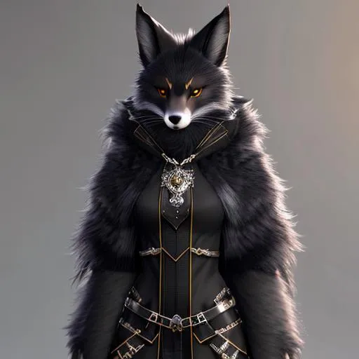 Prompt: black vulpera, fennic fox, black and silver fur, anthro, full body, sci fi clothing, uhd, photorealistic, very detailed