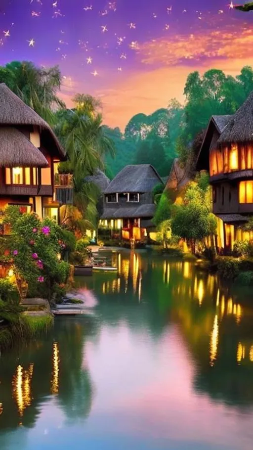 Prompt: Enchanting landscapes
Tranquil riverside scenes
Serene village charm
Captivating rural beauty
Heavenly skies and waters
Whimsical village life
Idyllic riverside retreat
Scenic countryside escape
Breathtaking water reflections
Magical village oasis