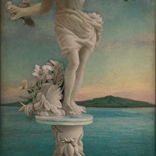 pastel colours, island with marble statue with flowe... | OpenArt