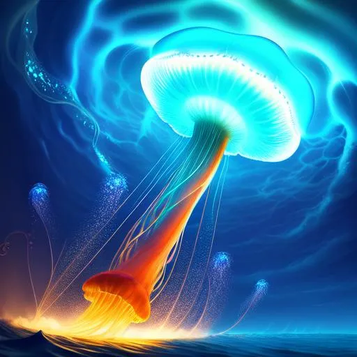 Prompt: gigantic monstrosity jellyfish sea monster, highly detailed body, full body, whole body visible, full character visible, thunder storm, soft lighting, high definition, ultra realistic, extremely detailed, unreal engine 5, 8K, digital art