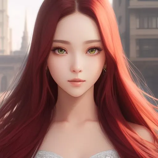 Prompt: Jisoo, girl, beauty face, detail face, long hair, red hair, green eyes, rainbow collor, full body, married dresses, city with buildings, high resolution, realistic art, ultra detailed face, concept art, high quality, detailed, best quality 8kconcept art, matte painting, HQ, 4k