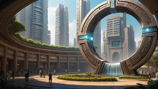 Prompt: magical portal between cities realms worlds kingdoms, circular portal, ring standing on edge, upright ring, freestanding ring, hieroglyphs on ring, complete ring, ancient egyptian architecture, gardens, hotels, office buildings, shopping malls, large wide-open city plaza, turned sideways view, futuristic cyberpunk tech-noir setting