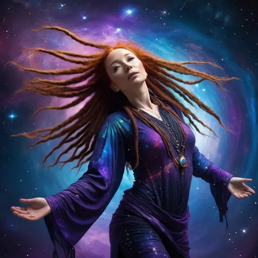 Prompt: Woman that looks like tori amos with dreadlock hair, wearing Astromancer attire, floating in space, goddess pose