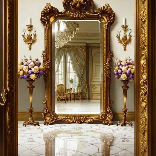 Prompt:  mirror in a ballroom showing a world full of beautiful flowers and a reflection of the past, hyperdetailed, hyperrealistic, a Dutch surrealist masterpiece famous for its beauty"