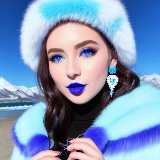 Prompt: Rissa, eating candy ice cream, blue lipstick, snowy beach, blue heart necklaces, Thick blue fur coat, Black Cape, pleasant face, blue eyes, Black-purple eyeshadow, long ice earrings. Cold color scheme, ultradetailed, 8k resolution, perfect, smooth, high quality, shiny. 