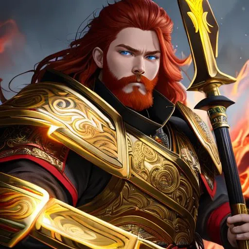 Prompt: "Full body, oil painting, fantasy, portrait of a young elemental human man with flowing fiery red hair and trimmed fiery red beard and glowing blue eyes | Warrior wearing east asian armor wielding a large poleaxe with both hands , #3238, UHD, hd , 8k eyes, detailed face, big anime dreamy eyes, 8k eyes, intricate details, insanely detailed, masterpiece, cinematic lighting, 8k, complementary colors, golden ratio, octane render, volumetric lighting, unreal 5, artwork, concept art, cover, top model, light on hair colorful glamourous hyperdetailed medieval city background, intricate hyperdetailed breathtaking colorful glamorous scenic view landscape, ultra-fine details, hyper-focused, deep colors, dramatic lighting, ambient lighting god rays, flowers, garden | by sakimi chan, artgerm, wlop, pixiv, tumblr, instagram, deviantart