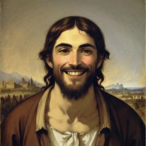 Prompt: Jesus Christ smiling in the style of Eugene Delacroix.