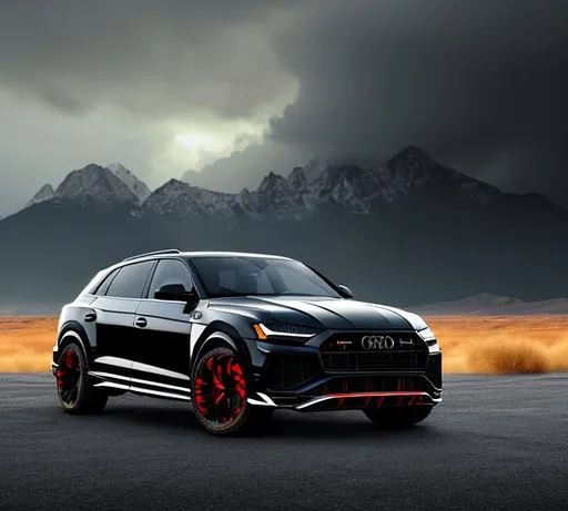 Prompt: 8k Ultra HD, Audi, car, Black RS Q8, mixed with Lamborghini Urus, black tire, black painting, front to side view, full car view, storm background with mountains and lightings, cinematic, realistic, all black on the car 