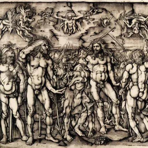 Prompt: Albrecht Dürer the whore of babylon end of days leonardo da vinci vitruvian man martyrdom of Saint Sebastian