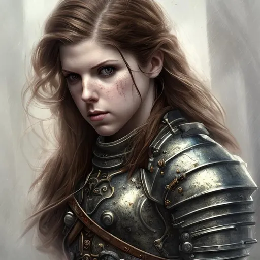 Prompt: anna kendrick, beautiful, detailed face, eye patch, missing eye, 1800's portrait painting, muscular, bodybuilder, tall, stocky, knight, scifi armor, plate armor, sardukaur, white and gold