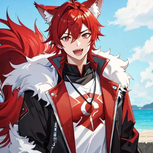 Prompt: male(Red side-swept hair covering his right eye) wolf ears, wolf tail, HD, 8K, open mouth, fangs