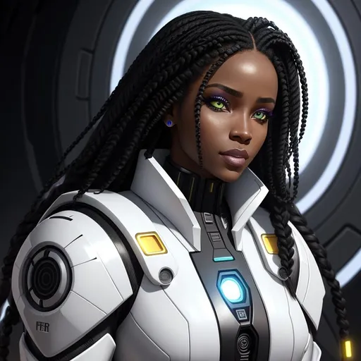 Prompt: Psyker, perfect composition, {25 year old}, lean {west african woman}, wearing futuristic {white future tech robes}, {long braided brunette and black hair}, peak fitness, determined expression, confident smirk, looking at viewer, 8k eyes, detailed symmetrical face, real, alive, real skin textures, 8k, cinematic volumetric light, proportional, sharp focus, studio photo, intricate details,