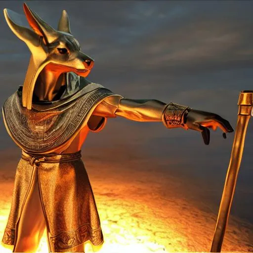 Prompt: Anubis, in a cloak, ready for battle, 
gloved hands, ultra HD, holding a fire lit staff, hieroglyphics, ultra crisp, 16k, unreal engine 5, sharp definition, mystical feel, insanely epic, mythology, gods, amazing quality , sharpen focus