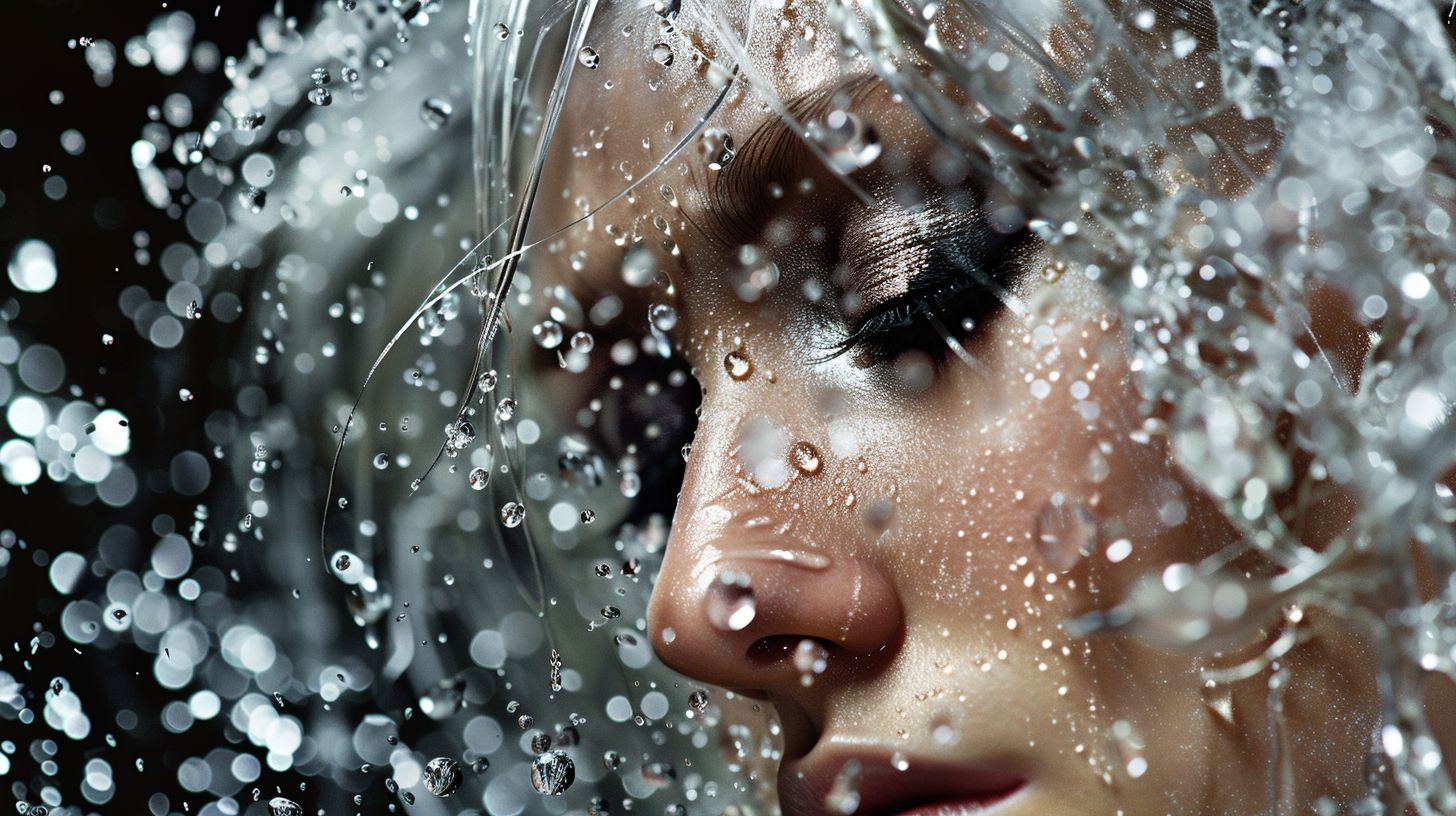 Prompt: a woman with silver hair and makeup is shown in this artistic photo of water droplets on her face, Dirk Crabeth, psychedelic art, iris van herpen