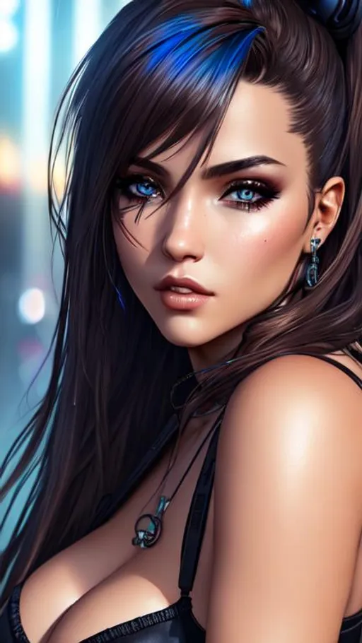 Prompt: best quality, realistic, masterpiece, an extremely grungy and beautiful, extremely detailed , highres, extremely detailed, curvy, beautiful detailed girl, head and shoulder body, realistic, cyberpunk, beautiful detailed brown eyes, light on face, cinematic lighting, facial piercings, blue hair
