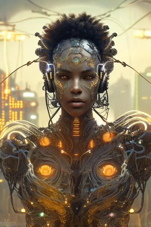 Prompt: afrofuturistic muse, digital , scifi, futuristic, utopian, , embellished beautiful body, dynamic lighting, digital art, wires, circuits, highly detailed, soldier cinematic, gothic, highly detailed and intricate, rich deep colors, phoenix mythology