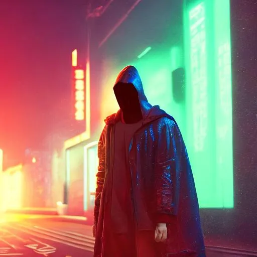 Prompt: Quality, 8k, cyberpunk, neon back lighting, masked hooded figure, heartbroken 