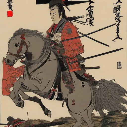 Yoshi toshi samurai on horse shot with arrow