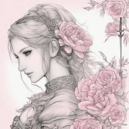 Prompt: Create me a simple straight short sword, the picture should be in black and white, pencil drawn, and a floral border and white background, the only thing that should have color is the pink flowers