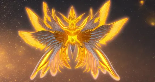 Prompt: A cosmic being who created by orange and yellow lights with 4 white wings, highly detailed, 8k resolution, 3D image