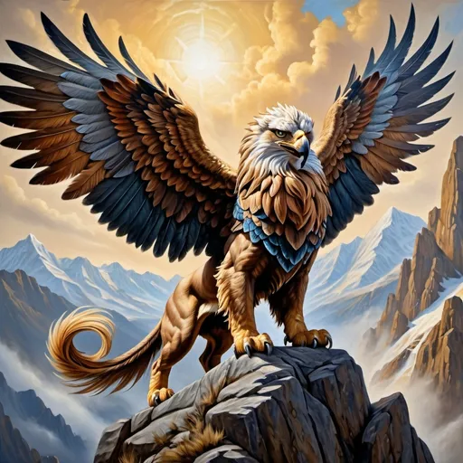 Prompt: Warhammer fantasy RPG style oil painting of a majestic griffon standing on top of towering mountain, lion body with eagle head, rich and textured oil painting, elaborate feathers and fur, intricate details, high quality, detailed, fantasy RPG, oil painting, majestic, griffon, elaborate, rich texture, detailed feathers, intricate fur, professional, atmospheric lighting