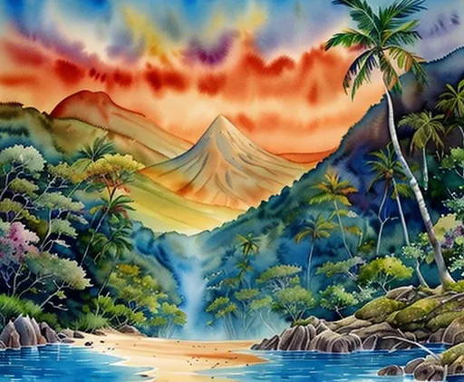 Prompt: watercolour painting of unspoilt paradise