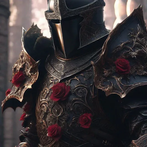 Prompt: dark medieval knight, rose's in the armour, cinematic lighting, intricately hyperdetailed, ultra-realistic, fractal, UHD, style of demon, by Greg Rutkowski,