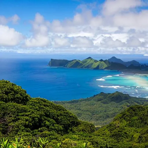 Prompt: American Samoa mountains in the distance with an ocean surrounding the island