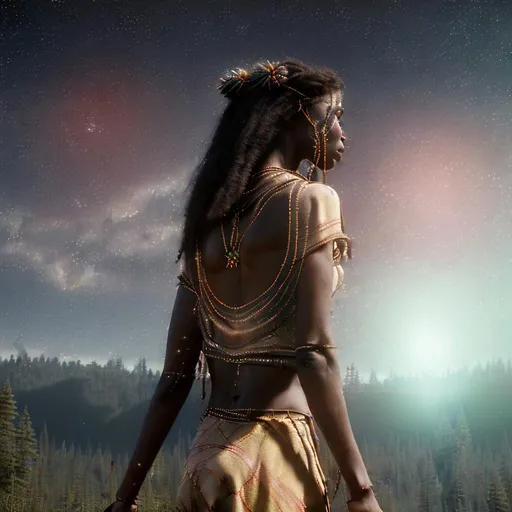 Prompt: (Hyperrealistic highly detailed photography from back of a ebonian mother showing the constellations to her ebonian daugther)
 tribal clothes, white translucent silk, golden headband, mystical starry night, forest, big sky, sitted, family, beautiful, breathtaking