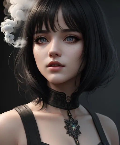 Prompt: ((best quality)), ((masterpiece)), ((realistic)), ((theyeboy)), (detailed) octane render, trending on artstation,illustration photographic, digital painting, attractive, 1girl,ultra detailed eyes,smoke design wear,bangs, ,white and black hair,masterpiece face,full body,8K quality