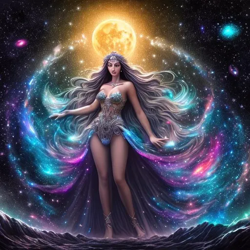 Prompt: full body image of moon goddess, surrounded by galaxies being born, hyper realistic, extremely detailed, dark cinematic, high resolution, 4K