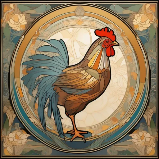 Prompt: An art deco posed bird, Chicken painted in the style of artist Mucha with an elaborate background