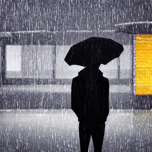 Prompt: animated person in black hoodie sitting at bus stop in the rain
