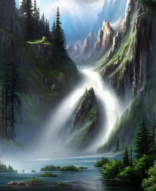 Prompt: a painting of a huge mountain range with a single waterfall coming down from the mountains leading into a narrow lake in the foreground surrounded with pine forest, rainy, Game of Thrones, volumetric lighting, fantasy artwork, very beautiful scenery, very realistic painting effect, hd, hdr, cinematic 4k wallpaper, 8k, ultra detailed, high resolution, artstation, concept art, 8k post-processing, massive scale