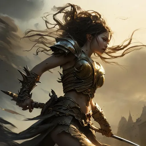 Prompt: masterpiece, best quality, mid shot, front view, concept art, 1girl, action scene, warrior, fantasy style, pretty, yellow and black, global illumination, epic composition, epic proportion, award winning, panoramic, dinamic pose, depth of field, photorealistic, 8K, highest quality, ultra-high resolution, charming character illustration